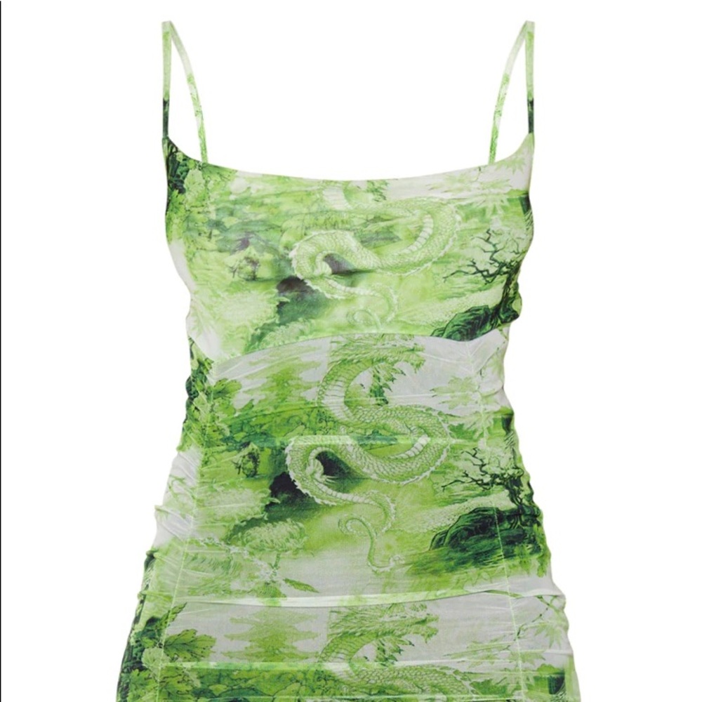 lime dragon print strappy ruched tie hem bodycon dress